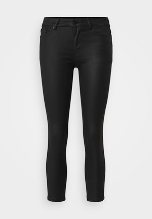 Zwarte skinny jeans van stretchstof, met een middelhoge taille, vijf zakken en een knoopsluiting aan de voorkant.