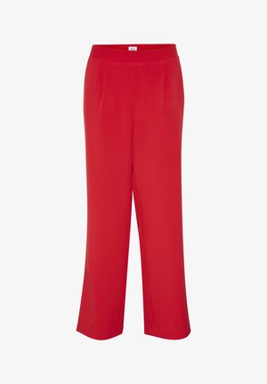 Pantalons larges rouges à la texture lisse, avec une taille plate et deux plis à l'avant pour plus de détails.