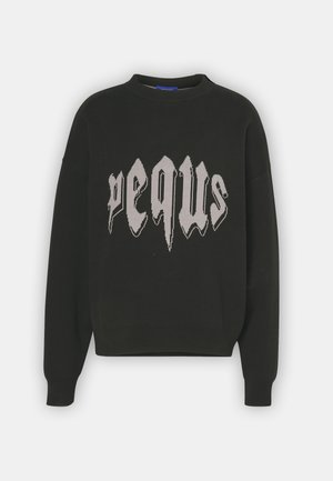Sweatshirt negru cu guler rotund, croială lejeră și mâneci lungi. Are inscripții mari, stilizate, de culoare gri pe partea din față. Textură moale.
