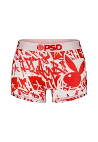Red and white printed boxer briefs featuring a graffiti-style design, soft waistband with "PSD" logo, and distinct bunny emblem.