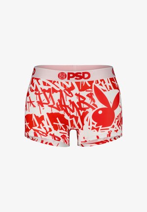 Red and white printed boxer briefs featuring a graffiti-style design, soft waistband with "PSD" logo, and distinct bunny emblem.