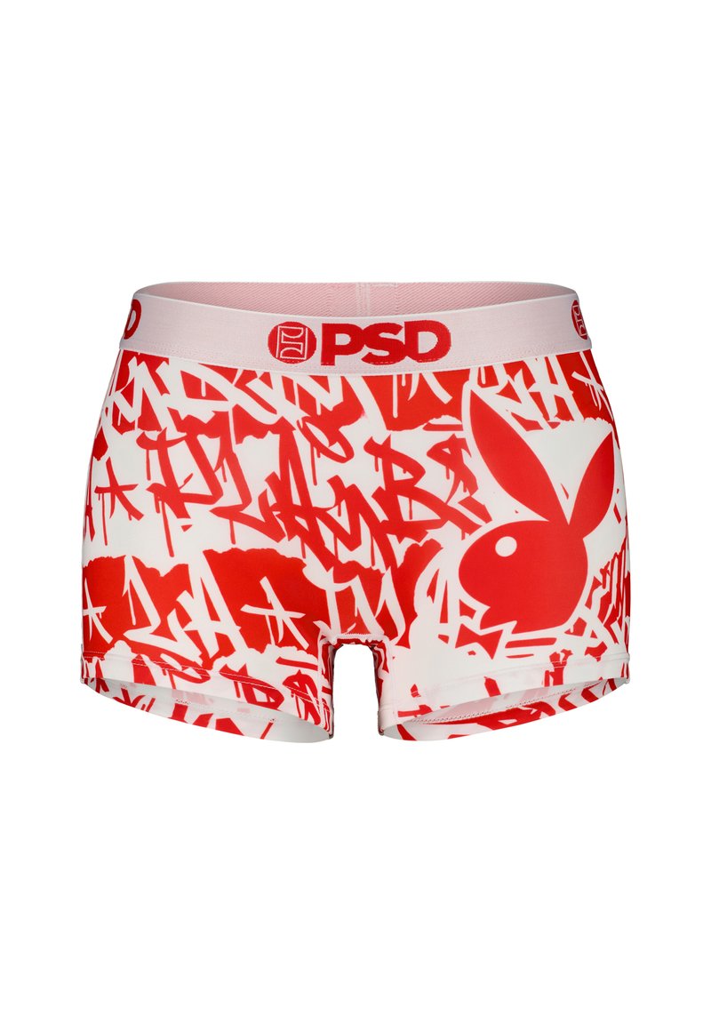 Red and white printed boxer briefs featuring a graffiti-style design, soft waistband with "PSD" logo, and distinct bunny emblem.