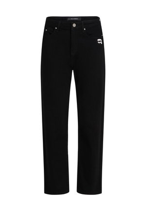 Black denim jeans with a straight leg design, featuring five pockets, silver hardware, and a contrasting logo on the front pocket.