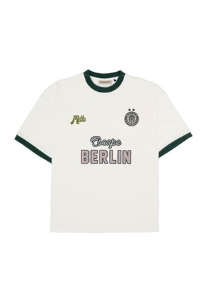 White short-sleeve T-shirt with dark green collar and cuffs, featuring "Escape BERLIN," "Mitte," and a circular emblem with two stars.