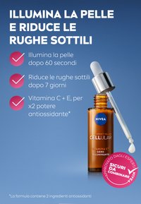 Bottiglia di vetro marrone con tappo contagocce bianco; etichettata "NIVEA EXPERT FILLER CELLULAR" e contiene siero di vitamina C. Sfondo blu.