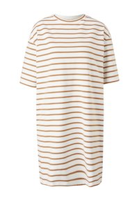 Gestreepte t-shirtjurk in crème en bruin, met een relaxte pasvorm, korte mouwen en een ronde hals, gemaakt van zacht katoenmateriaal.