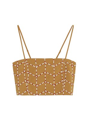 Top corto amarillo mostaza con tirantes finos y patrón en zigzag hecho de cuentas blancas y marrones.