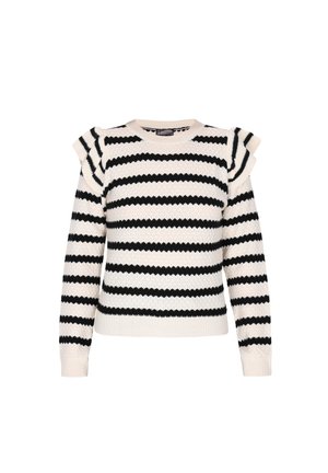 Czarny i kremowy sweter w paski z teksturowanym splotem, falbaniastymi akcentami na ramionach, okrągłym dekoltem oraz prążkowanymi mankietami i dołem.