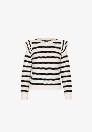 Černý a krémový pruhovaný svetr s texturovaným úpletem, volánkovými rameny, kulatým výstřihem a žebrovanými manžetami a lemem.