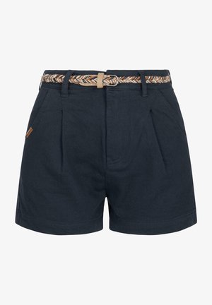 Ciemnoniebieskie szorty z plecionym, wielokolorowym paskiem, z plisami z przodu, dwiema bocznymi kieszeniami oraz prostym dołem.