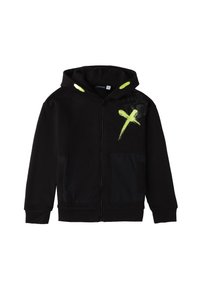 Sudadera negra con cierre y capucha, con acentos en verde neón, grandes bolsillos y un estampado gráfico llamativo en la parte frontal. Textura suave.