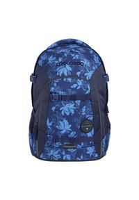 Blue floral patterned backpack with multiple compartments, adjustable straps, and a circular patch reading "Good Vibes Only."