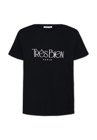 T-shirt nero a maniche corte con scritta bianca "Très Bien Paris" sul petto, scollatura rotonda e etichetta di piccola taglia all'interno del colletto.