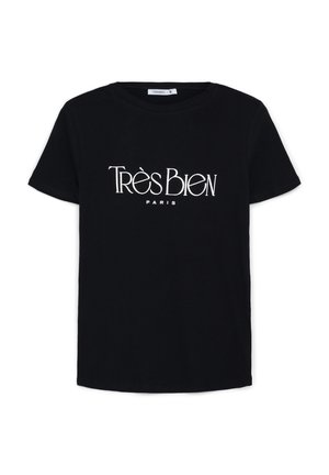 T-shirt nero a maniche corte con scritta bianca "Très Bien Paris" sul petto, scollatura rotonda e etichetta di piccola taglia all'interno del colletto.