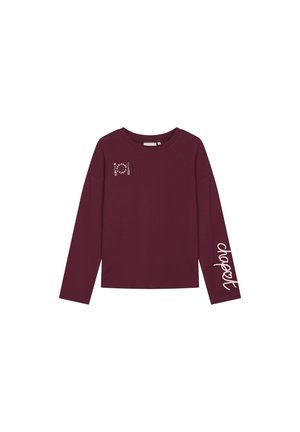 Bordeaux langeshirts gemaakt van katoen. Kenmerkt zich door witte grafische tekst aan de voorkant en langs de linker mouw. Eenvoudige ronde halslijn.