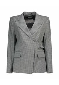 Blazer à carreaux gris et noirs avec un col cranté, une taille ceinturée et deux poches avant. Tissu texturé avec une doublure satinée lisse.