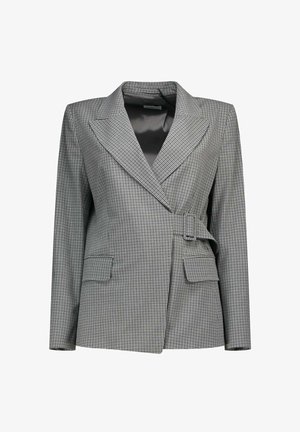 Blazer a quadri grigi e neri con rever a lancia, vita con cintura e due tasche frontali. Tessuto strutturato con una fodera liscia in satin.