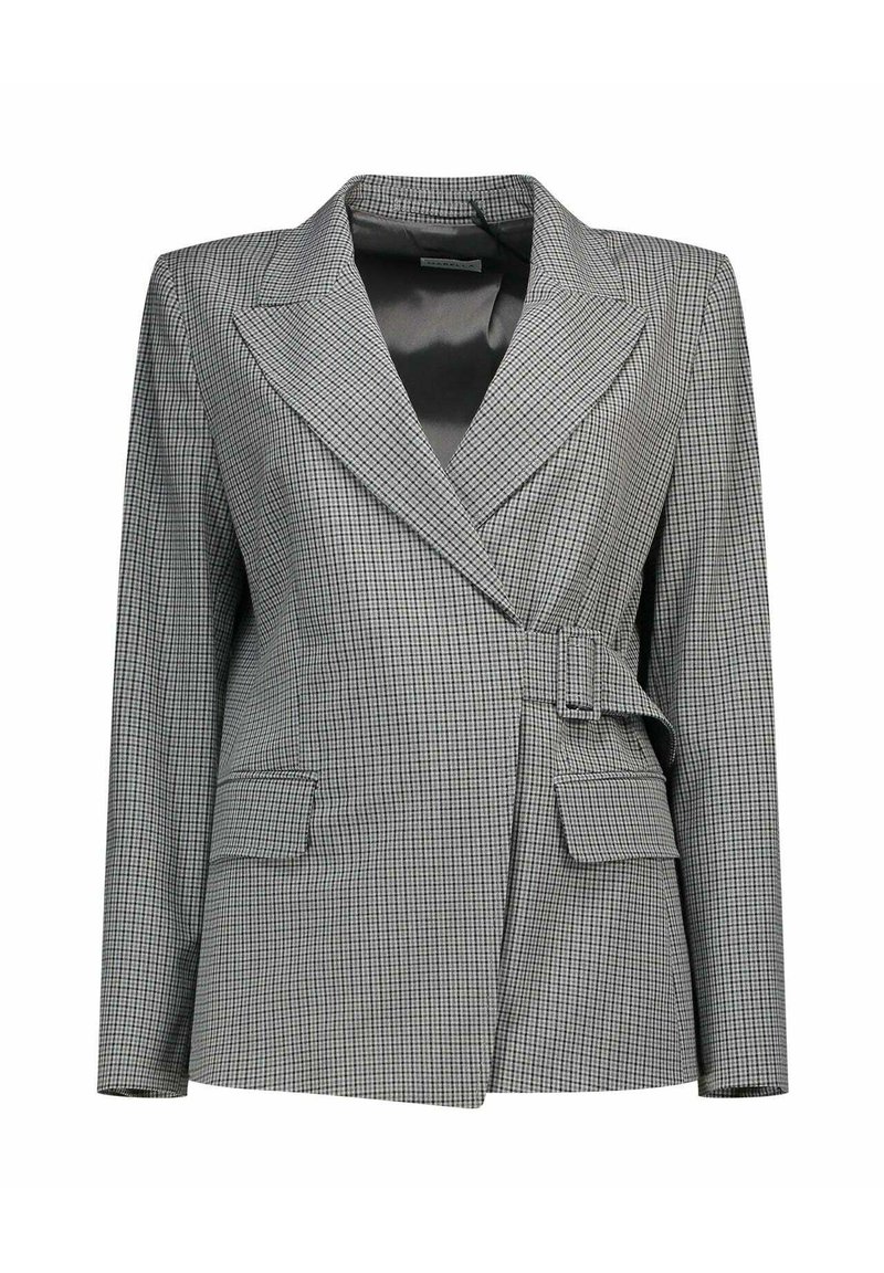 Blazer à carreaux gris et noirs avec un col cranté, une taille ceinturée et deux poches avant. Tissu texturé avec une doublure satinée lisse.