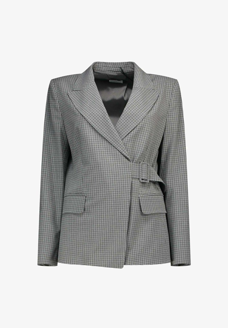 Blazer à carreaux gris et noirs avec un col cranté, une taille ceinturée et deux poches avant. Tissu texturé avec une doublure satinée lisse.