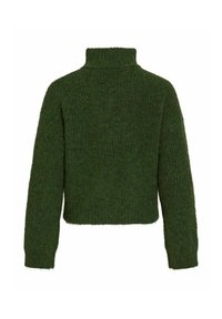 Tamnozeleni čupavi pleteni turtleneck pulover s dugim rukavima i skraćenim rubom, prikazan sa stražnje strane na bijeloj pozadini.