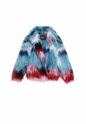 Faux fur jacket with a vibrant blue, pink, and red color scheme; shaggy texture; short sleeves and a loose fit; brand tag visible inside.