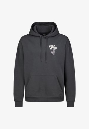 Grijze katoenen hoodie met een kangoeroezak, verstelbare trekkoordcapuchon en een grafische print op de borst. Zachte textuur en een relaxte pasvorm.