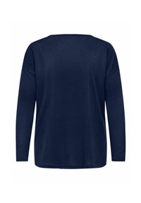 Granatowa bluzka z długim rękawem o luźnym kroju, okrągłym dekolcie i lekko opadłych ramionach. Gładka faktura, bez widocznych wzorów czy akcentów.