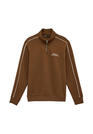 Braunes Sweatshirt mit viertelreichem Reißverschluss, weißen Paspeln entlang der Ärmel und kleinem weißen "Northside"-Logo auf der linken Brust, mit gerippten Bündchen und Saum.