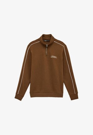 Brown quarter-zip sweatshirt with white piping along sleeves and small white "Northside" logo on left chest, ribbed cuffs and hem.