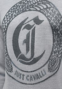 Tricou gri cu un logo circular proeminent care conține textul "Just Cavalli" și o margine decorată care seamănă cu pielea de șarpe.