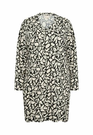 Zwart-witte tuniek met een bladenpatroon, lange mouwen en een ronde hals. Gemaakt van zachte stof met een ontspannen pasvorm.