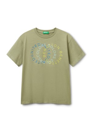 Olive green cotton t-shirt with a round neckline. Features circular text design in blue and yellow. Short sleeves and standard fit.