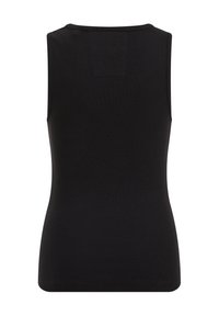 Juodas raštuotas be rankovių viršus su apvaliu iškirpimu ir prigludusia forma. Nugarėlėje yra mažas stačiakampis etiketė. Lygus paviršius.