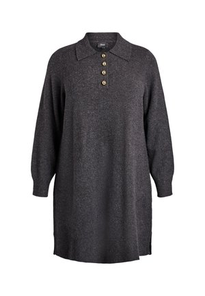 Tmavě šedé pletené šaty s límečkem, čtyřmi zlatými knoflíky a dlouhými rukávy s žebrovanými manžetami. Boční rozparky na lem.