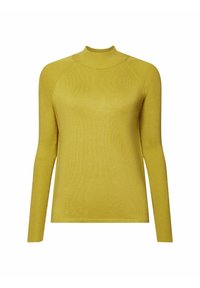 Pull jaune en tricot à manches longues avec un col haut, une texture côtelée et une coupe ajustée. Finition lisse sans motifs ni accents visibles.