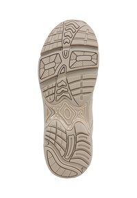Sole della scarpa in gomma beige chiaro con un motivo testurizzato, caratterizzata da scanalature e aree imbottite per trazione e comfort.