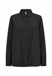 Černá button-up košile vyrobená z tkané látky, vybavená klasickým límcem, dlouhými rukávy a šesti předními knoflíky. Hladká textura a uvolněný střih.