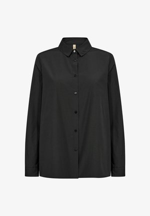 Svart skjorta med knappar, gjord av vävt tyg, med klassisk krage, långa ärmar och sex framknappar. Slät textur och avslappnad passform.