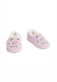 Rosa plyschtofflor med en mjuk, vit pälsfoder, prydda med broderade Peppa Pig, regnbågar, blommor och flerfärgade detaljer.