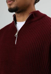 Close-up van een persoon die een bordeauxrode, geribbelde, gebreide pullover draagt met een zilverkleurige kwart-ritssluiting en een wit overhemd eronder.