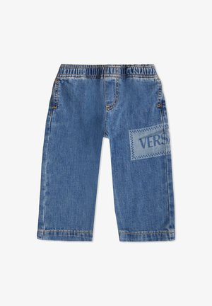Pantalons en denim bleu avec une taille élastique, design à jambe droite, et un patch décoratif portant le mot "VERS" sur le côté.