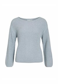 Jasnoniebieski sweter robiony na drutach z szerokim dekoltem, długimi rękawami i prążkowaną teksturą. Posiada luźny krój i gładkie wykończenie.