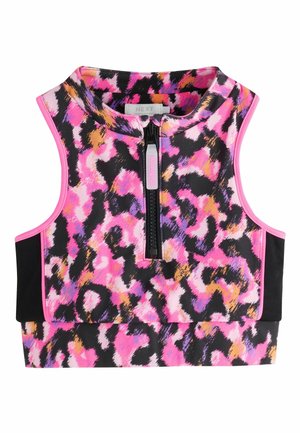Top deportivo sin mangas con cremallera frontal, con estampado abstracto de animales en colores rosa brillante, naranja, morado y negro, y paneles laterales negros.