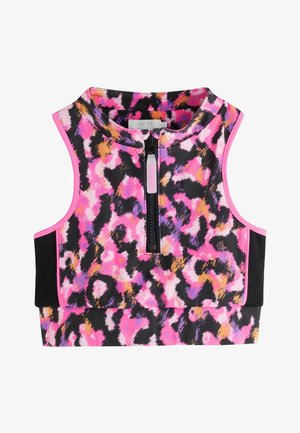 Bezrękawowy sportowy crop top z zamkiem błyskawicznym z przodu, z jasnoróżowym, pomarańczowym, fioletowym i czarnym abstrakcyjnym nadrukiem zwierzęcym oraz czarnymi bocznymi panelami.