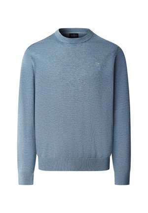 Suéter de punto azul claro con cuello redondo, mangas largas, puños y dobladillo acanalados, con un pequeño logo en el pecho. Textura suave.