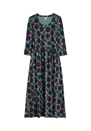 Abito con stampa floreale in teal e bordeaux, maniche lunghe, scollo a barca, gonna a strati con una vestibilità morbida, realizzato in un morbido tessuto elasticizzato.