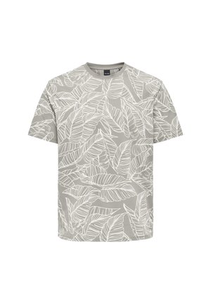 Szara koszulka z białym wzorem liści. Krótkie rękawy, okrągły dekolt, miękki materiał i nadruk w całej powierzchni przedstawiający różne kształty liści.
