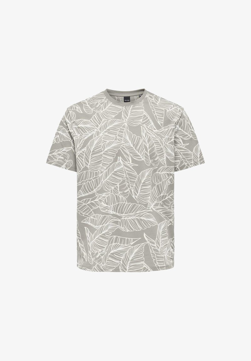 Grå t-shirt med et hvidt bladmønster. Korte ærmer, rund halsdesign, blødt stof og tryk i hele t-shirten med forskellige bladformer.