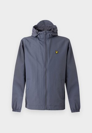 Donkergrijze ritsjack met capuchon, met elastische manchetten, zijzakken met drukknoopjes en een klein geel vogellogo op de borst.