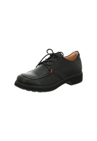 Schwarze Leder Schnürschuhe mit runder Zehenpartie, gestickten Details und niedrigem Blockabsatz. Glatte Textur mit subtiler Schimmer.